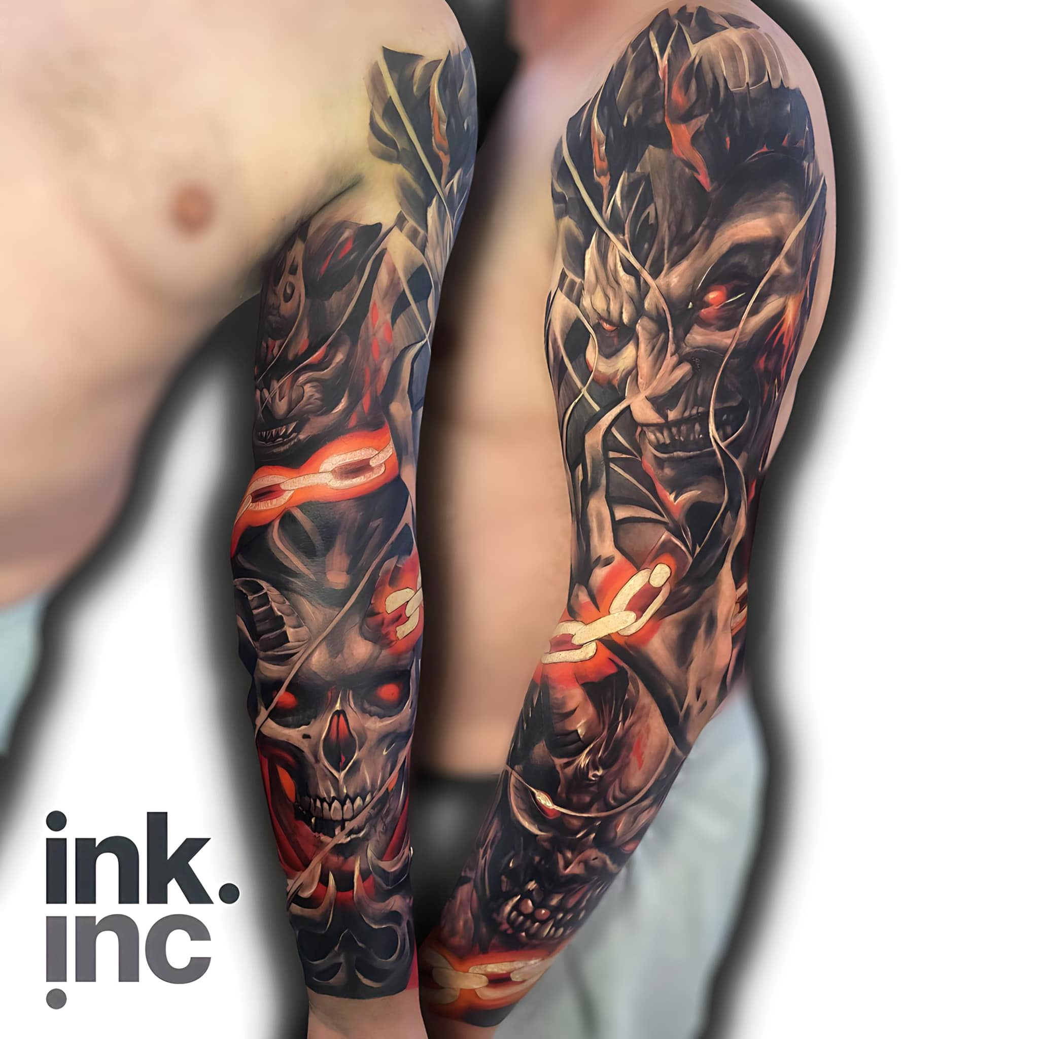 Skull Sleeve Tattoo Designs for Men Full Arm TemporaryTattoos Large Tiger  Lion | eBay